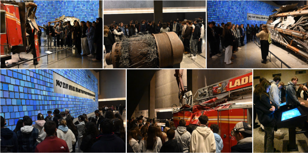 museum exhibits with fire trucks, blue walls, and damaged equipment from 9/11 attack